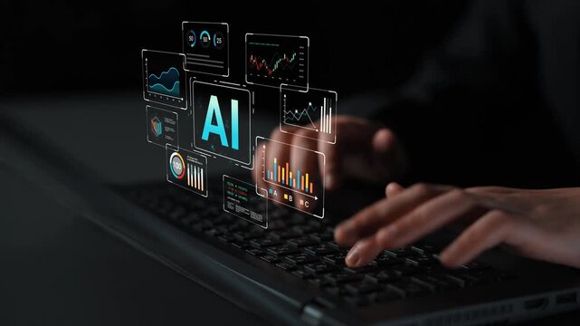Hands Typing on Laptop Keyboard with Floating Digital AI Graphics and Data Visualizations in Dark Environment for Technology and Innovation Themes Gluon.