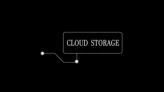 Cloud storage text in a futuristic white callout box on black background, digital hud frame for database network technology and technical video editing overlays