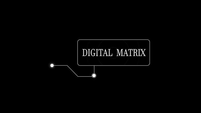 Digital matrix text in a futuristic white callout box on black background, digital hud frame for virtual reality technology and technical video editing overlays