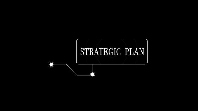 Strategic plan text in a futuristic white callout box on black background, digital hud frame for corporate management technology and technical video editing overlays