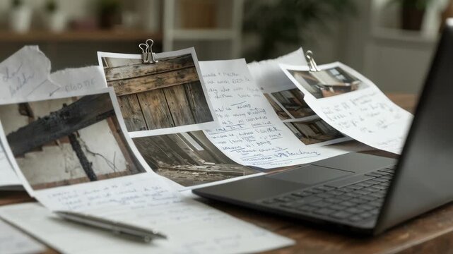 Desk with property insurance paperwork closeup on damage photos and handwritten notes laptop keyboard in sharp focus while rest of the scene softly blurred.
