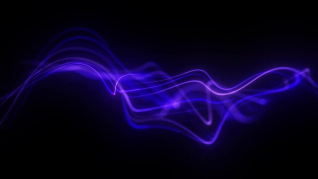 Blue purple neon sound wave lines smooth flowing motion dark background. Glowing abstract waveform forming dynamic frequency oscillation with soft light trails. Futuristic audio style loop 4K 60fps.
