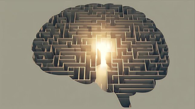Slow zoom into brain shaped maze with light in center and no people