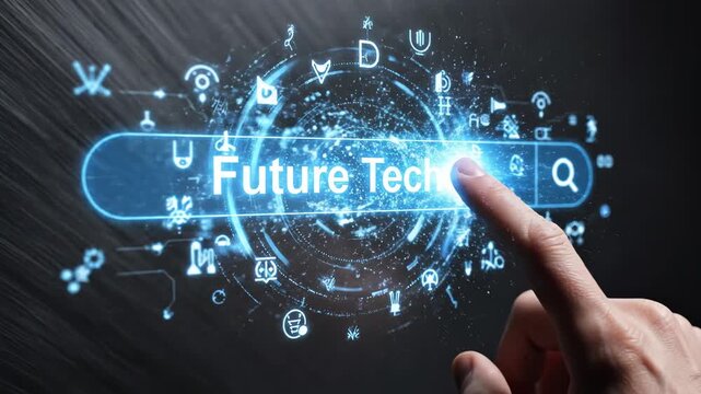 A human hand interacts with innovative digital technology, touching a virtual button displaying "Future Tech." This activates a futuristic interface, symbolizing advanced innovation and