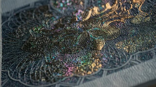 Closeup of a multidimensional security feature on a banknote captured with angled lighting that enhances embossed details sharp focus on the features.
