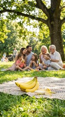Fresh bananas on a picnic blanket with a blurred happy family eating in the background. Joyful outdoor gathering promotes healthy snacking and togetherness. Ideal for lifestyle blog or ads.