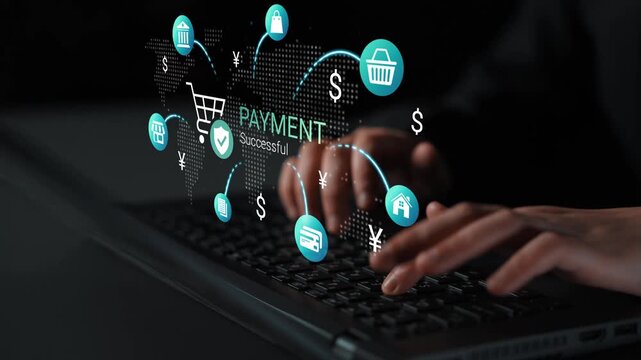 Digital payment security concept with online shopping, credit card transactions, and global connections represented on a laptop screen. Gluon.
