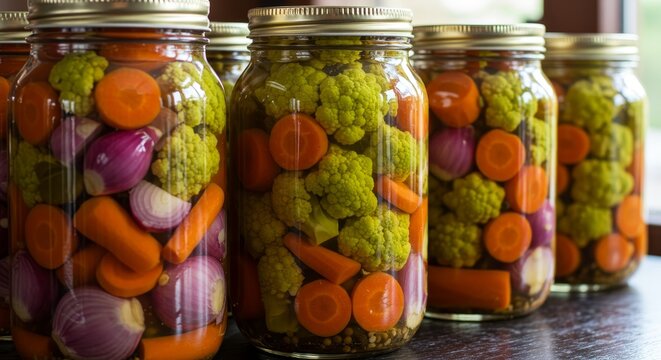 Row of clear glass jars filled with colorful pickled vegetables. Homemade preserved food for healthy eating and winter storage concept.