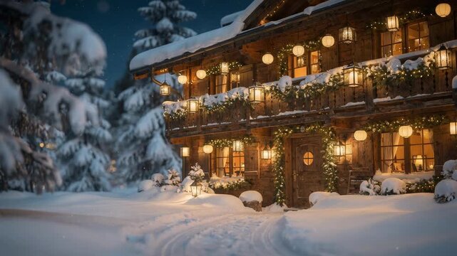Exterior shot of a snowblanketed inn wrapped in festive garlands and glowing lanterns lanterns in sharp focus with frosted pine branches behind out of focus.