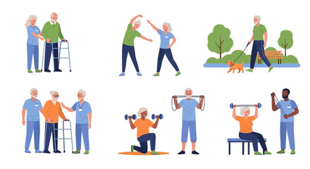Fototapeta premium Senior Health & Wellness: Elderly Rehabilitation, Fitness, Walking, and Caregiver Assistance Activities