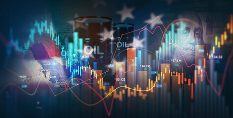 Naklejka na ściany i meble Conflict between United States and Iran is causing oil prices to rise on the stock market. Strait of Hormuz important factor in the rise oil price Industry.Iran blocked the Strait of Hormuz.