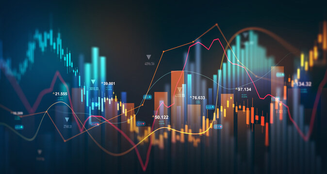 Business financial chart with moving up arrow graph.Financial data charts with glowing stock market graphs.Stock market investment data and analysis finance graph.	
