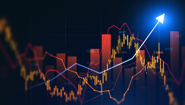 Business financial chart with moving up arrow graph.Financial data charts with glowing stock market graphs.Stock market investment data and analysis finance graph.	

