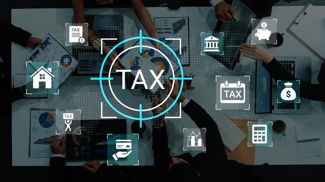 Business professionals collaborating on tax preparation and planning, analyzing financial data, charts, and documents in a modern office environment. Gluon.