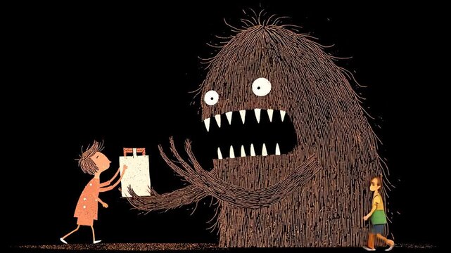 Whimsical Cartoon Style Giant Monster Illustration with Animated Girl in Bold Colors - Imaginative Children's Book Art