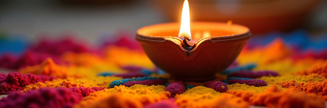 Colorful rangoli design with illuminated diya on festive floor. Rangoli includes vibrant colors and intricate patterns with traditional clay lamp at center,