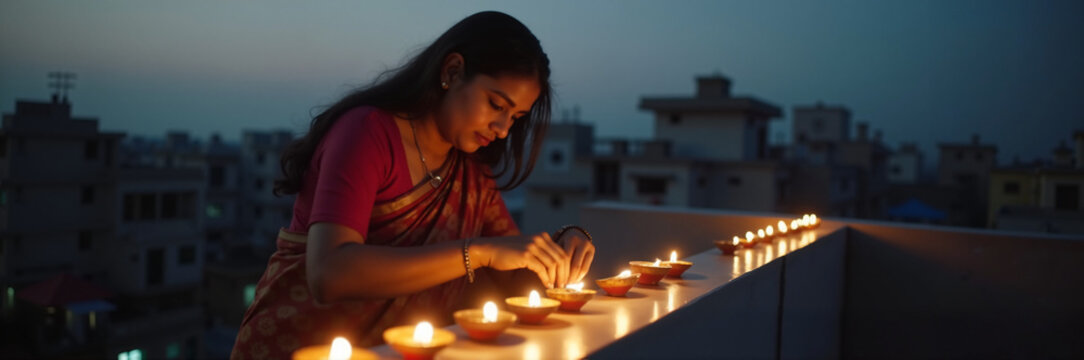 Woman celebrating nag panchami by lighting traditional diyas on rooftop at dusk, creating a vibrant ambiance with flickering lights. Festive atmosphere enhances joy during nag panchami celebrations.