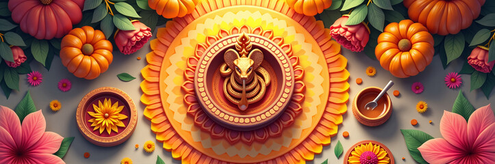 Obraz premium Nag Panchami celebration with decorative floral rangoli and vibrant clay lamps on colorful base. Nag Panchami setup features orange pumpkins and beautiful flowers surrounding traditional elements.