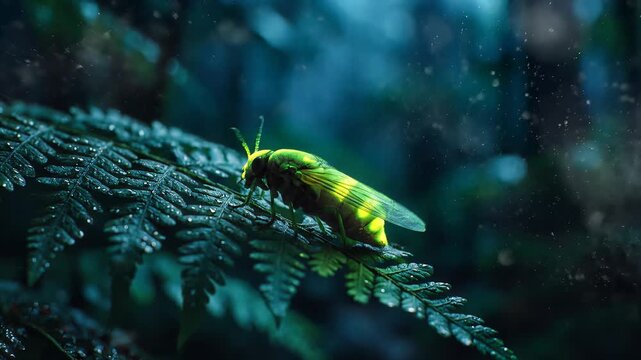 Glowing green beetle on wet fern leaf, rain droplets falling, cinematic lighting, slow motion, symbolizing nature and tranquility.