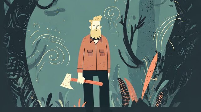 Stylized Lumberjack Character Adventuring in Whimsical Woodland Forest Illustration