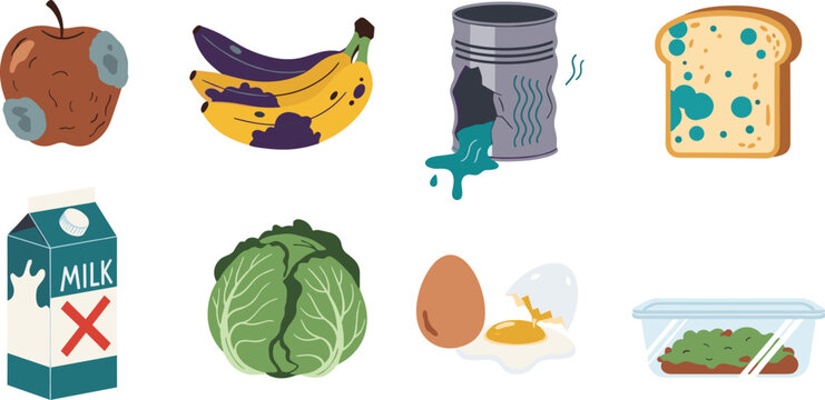 Food waste and expired grocery vector set featuring moldy bread rotten apple brown bananas spoiled milk carton broken egg and damaged tin can isolated on white background