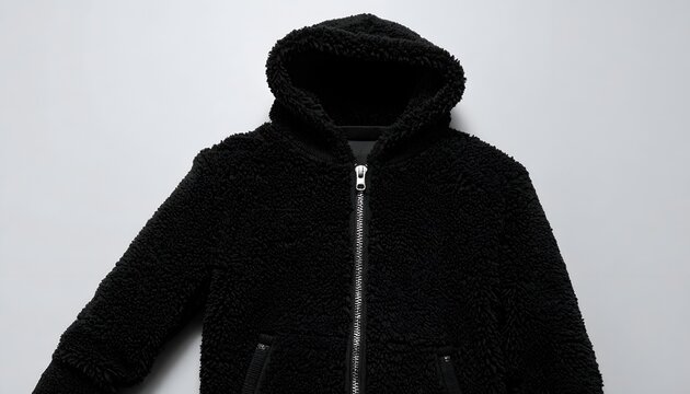 Black fuzzy hooded jacket with a zipper, ribbed cuffs, and hem, styled against a neutral gray