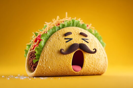 A sleepy taco yawning wide, with lettuce blanket and cheese mustache 