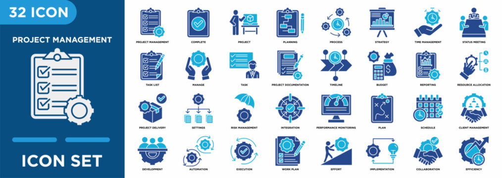Project Management icon set illustrating project, planning, process, strategy, management, plan, task list for management and corporate projects