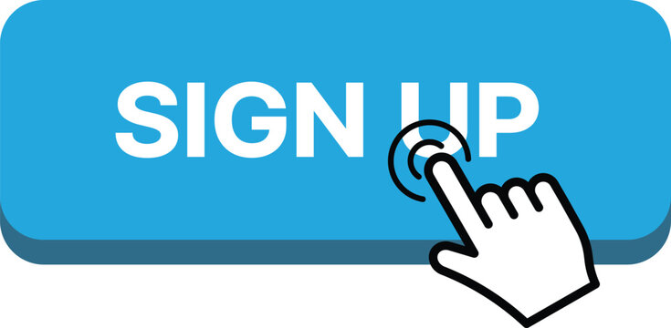 Blue button with white text sign up and hand cursor clicking
