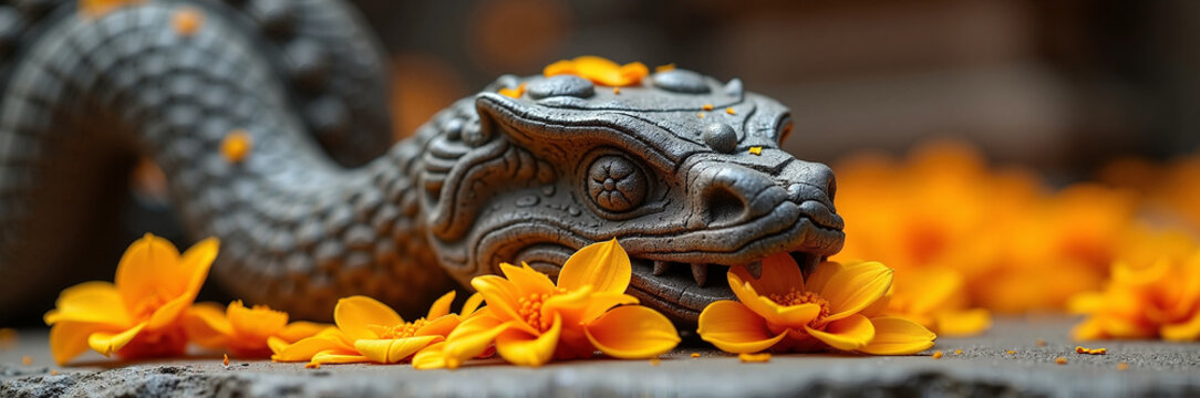 Intricate stone serpent head with vibrant orange flower petals surrounding it, symbolizing cultural heritage and spiritual significance in traditional ceremonies.