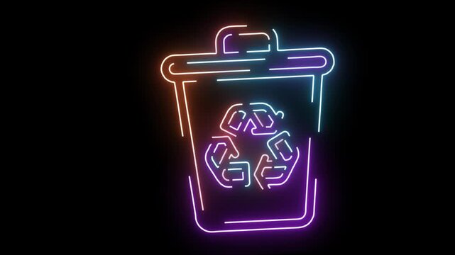 Neon Trash Can with Recycling Symbol on Black Background garbage waste