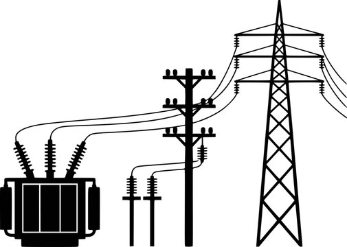 Electrical power transmission lines connecting a transformer to a pylon and utility pole