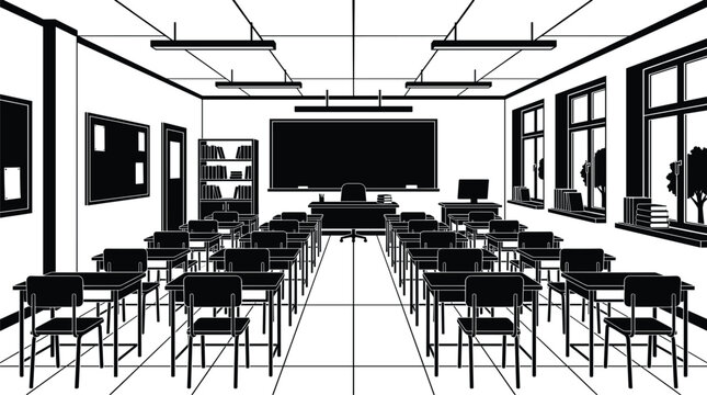 Empty Classroom Interior Perspective Silhouette with Desks Chairs Blackboard Windows and Lighting School Education Environment Illustration