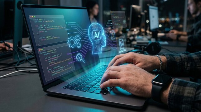 Digital Intelligence Unveiled: A programmer, immersed in lines of code, unlocks the secrets of Artificial intelligence, with glowing interfaces of an advanced system, shaping the future of innovation.