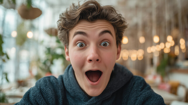 A close up portrait of a young man with curly hair looking surprised at the camera in a bright room