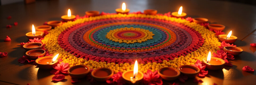 Colorful rangoli design with traditional oil lamps and flower petals decorated for Diwali celebration. Rangoli features vibrant colors and intricate patterns enhancing festive atmosphere.