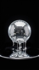 Fototapeta premium A silver disco ball dripping liquid chrome onto a reflective surface against a dark background. This surreal pop image evokes melting party vibes. Perfect for music posters or creative ads.