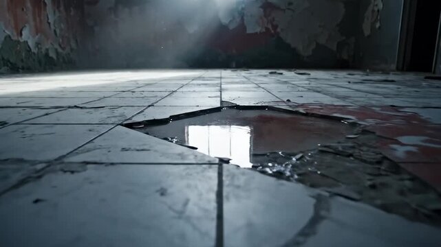 This captures a hauntingly beautiful abandoned room with a large window and a puddle on the floor, evoking a sense of crime and neglect.