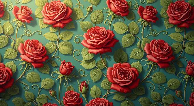 Vibrant floral pattern with red roses and green leaves on blue background