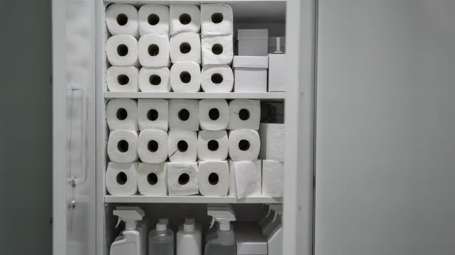 Focused frame on stacked rolls of paper towels and related supplies in a narrow storage space showcasing precise organization with blurred edges around shelving.