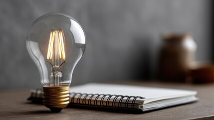 a glowing lightbulb floating above an open notebook on a wooden desk, representing a sudden burst of creativity in a minimalist workspace with space for text