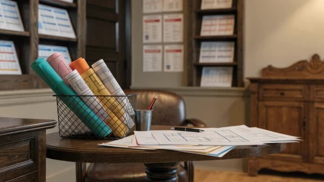 Focused medium shot of vibrant floorplans displayed in a private home loan room with mortgage brochures and rate posters softly out of focus in the back.