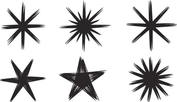 Set of hand drawn sketch star icons, doodle starburst and sparkle symbols, black vector
