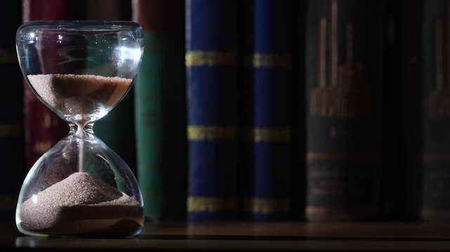 3 minute hourglass, last grains of sand, bookshelf background. Shallow depth of field, gold embossed letters on old books in low light, left aligned with soft copy space
