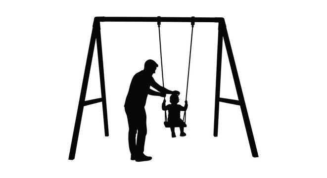 A father gently pushes his young child on a swing set creating a heartwarming family moment silhouette high quality professional detailed