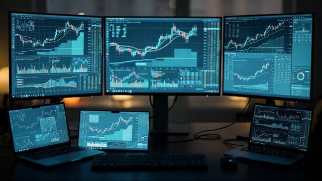 Evening medium shot of a multimonitor trading setup illuminated by screen glow highlighting detailed candlestick charts active watchlists and order entry panels with the room