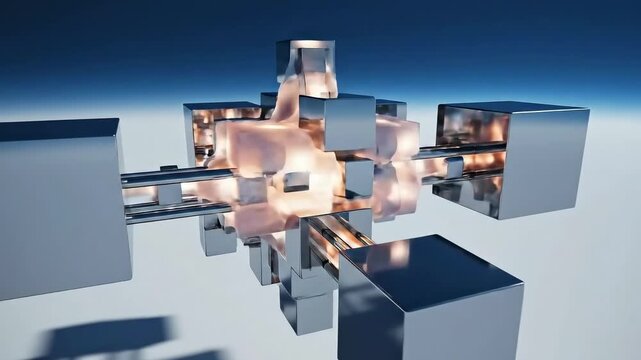 Modular cubes transforming around glowing core, abstract system reconfigures structure in dynamic motion, futuristic technology concept, data architecture, automation, digital transformation process
