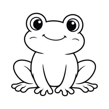 Happy Cartoon Frog Sitting Coloring Page Black and White Line Art for Kids