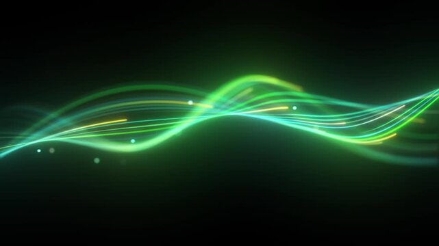 Abstract neon green flowing wave lines glowing particles dark background. Smooth luminous curves forming dynamic equalizer waveform soft bokeh light accents. Futuristic digital wave loop 4K 60fps.