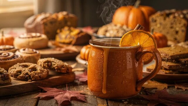 Cozy autumnthemed buffet with a focus on hot cider and spiced baked goods the steaming cup sharply in frame and the rustic table softly blurred.